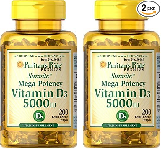 Puritan's Pride Vitamin D3 5,000 IU Bolsters Immunity for Immune System Support and Healthy Bones and Teeth Softgels, Packaging May Vary, Unflavored, 200 Count (Pack of 2)