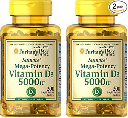 Puritan's Pride Vitamin D3 5,000 IU Bolsters Immunity for Immune System Support and Healthy Bones and Teeth Softgels, Packaging May Vary, Unflavored, 200 Count (Pack of 2)