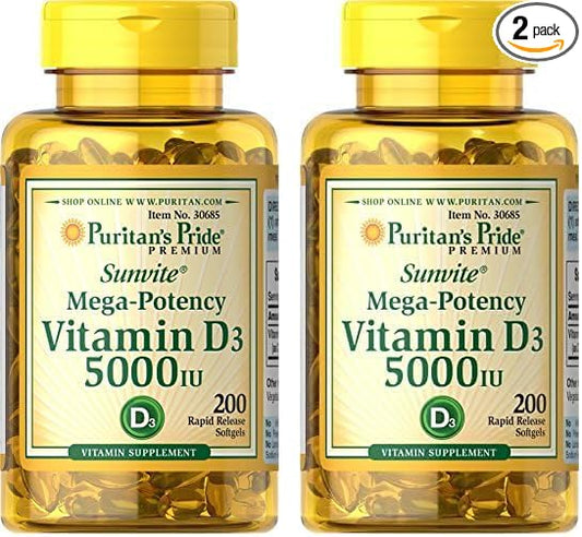 Puritan's Pride Vitamin D3 5,000 IU Bolsters Immunity for Immune System Support and Healthy Bones and Teeth Softgels, Packaging May Vary, Unflavored, 200 Count (Pack of 2)