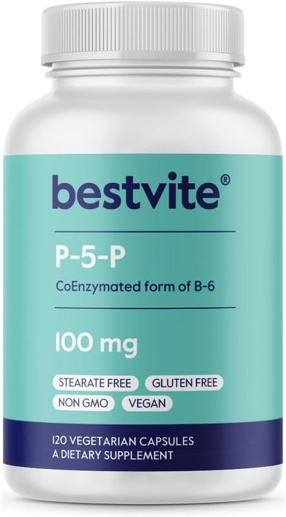 BESTVITE P-5-P 100mg (120 Vegetarian Capsules) (CoEnzymated Form of B-6) - No Stearates - Vegan - Non GMO - Gluten Free - No Silicon Dioxide - No Gelatin