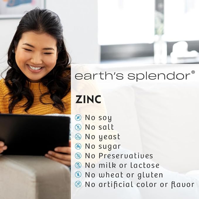 Earth's Splendor Immune Support Dietary Supplements, with Zinc 50mg, Helps Maintain Skin Health, Wheat Free, No Artificial Color or Flavor, Mineral Supplements for Men & Women (100 Tablets)