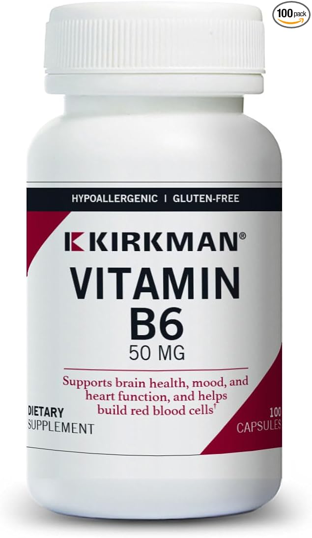 Kirkman Vitamin B-6 50 mg - Hypoallergenic - 100 Vegetarian Capsules - Gluten/Casein Free