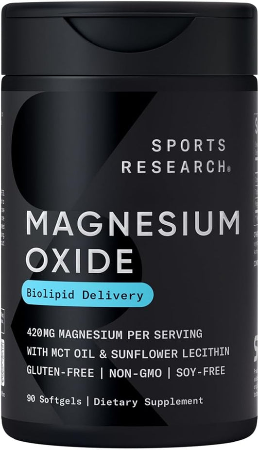 Sports Research® Magnesium Oxide 420mg with Coconut MCT Oil - Magnesium Supplement for Muscle, Nerve, and Bone Support* - Gluten-Free, Non-GMO - 90 Softgels