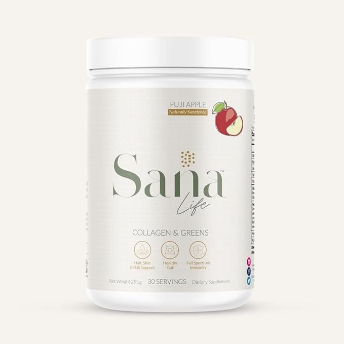 Collagen & Greens Powder, Multi-Collagen Supplement with Hyaluronic Acid for Skin, Hair, Nail & Gut Health - 30 Servings (Apple)