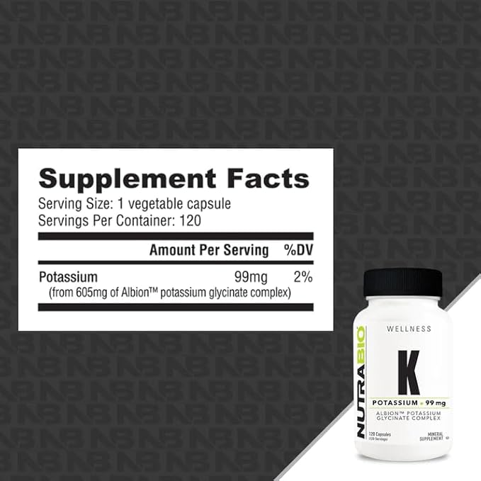 NutraBio Potassium Complex, Potassium Supplement for Healthy Heart, Bones, Muscles & Digestion, 99mg - 120 Vegetable Capsules