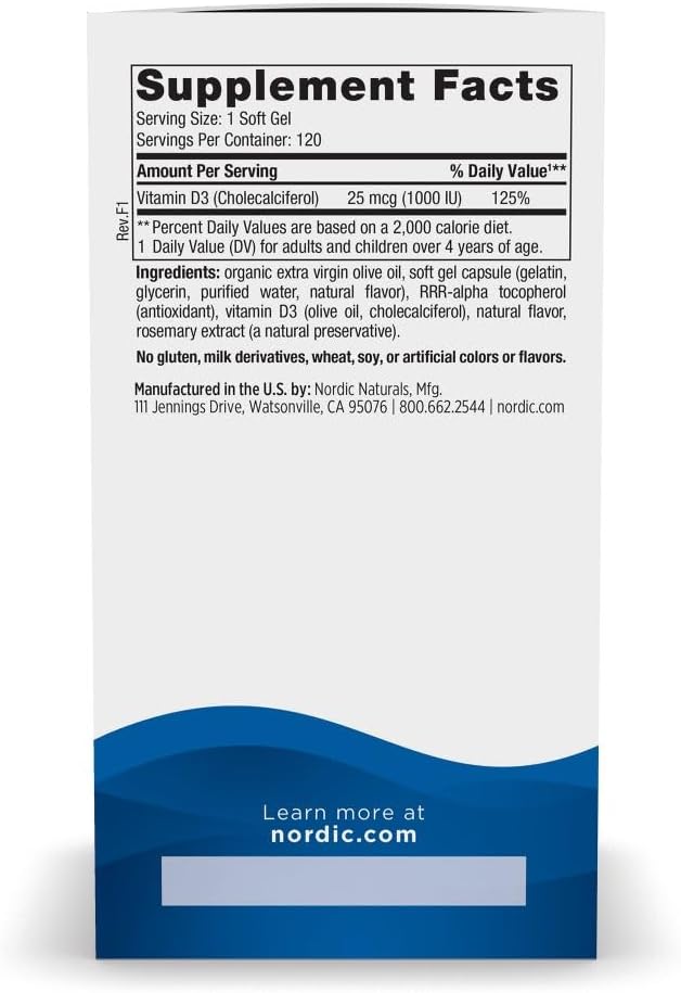 Nordic Naturals Vitamin D3 1000, Orange - 120 Mini Soft Gels - 1000 IU Vitamin D3 - Supports Healthy Bones, Mood & Immune System Function - Non-GMO - 120 Servings