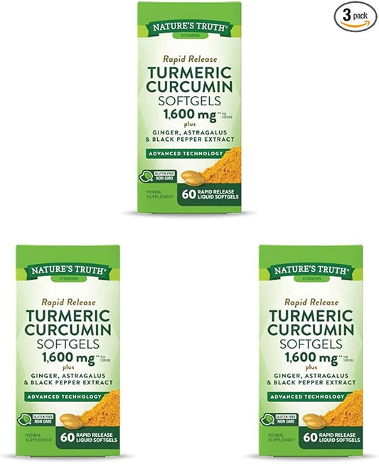 Nature's Truth Turmeric Curcumin 10mg | Softgel Capsules | with Ginger, Astragalus, Black Pepper Extract | Non-GMO, Gluten Free Supplement | by Assorted 60 Count (Pack of 3)