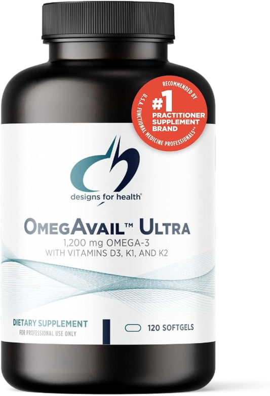 Designs for Health OmegAvail Ultra TG Fish Oil 1200mg - 1000 IU Vitamin D3, Vitamins K1 + K2 - Triglyceride Form Omega 3 Fish Oil Supplement with DHA/EPA - No Fishy Aftertaste (120 Softgels)