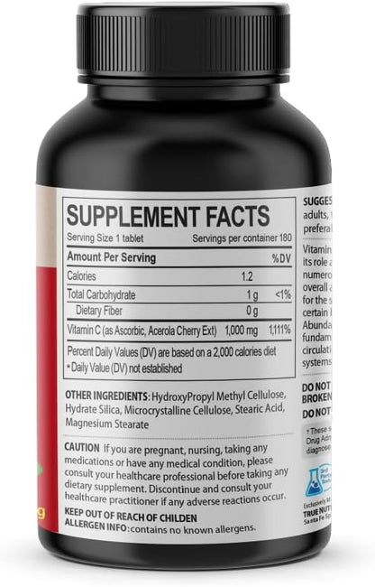 Acerola Cherry Vitamin C 1000mg, Immune Support - 180 Tablets X 4 Bottles (720 Count)
