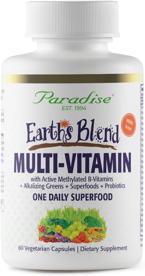 Paradise Herbs Earth's Blend Women's Once Daily Multivitamin with Iron, 48 Organic Superfoods, Probiotics, Antioxidants, Vitamins A, B12, C, D, K2, 60 Capsules