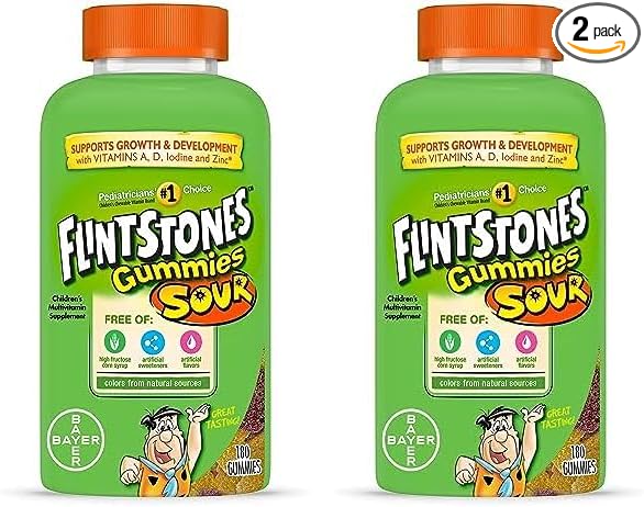 Flintstones Sour Gummies Kids Vitamins, Gummy Multivitamin for Kids with Vitamins A, B6, B12, C, D & more, 180ct (Pack of 2)