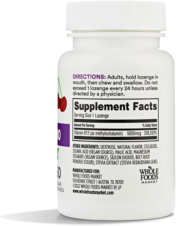 Whole Foods Market, Methyl B-12 5000Mcg Cherry, 60 Lozenges (Pack of 2)