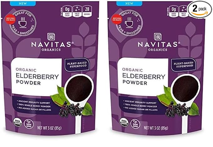 Navitas Organics Elderberry Powder, 3oz Bag, 28 Servings — Organic, Non-GMO, 100% Whole Elderberry Powder for Immune Support (Pack of 2)