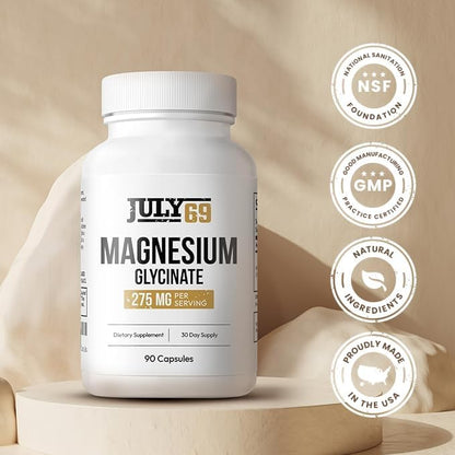 Magnesium Glycinate 275 MG - Extra Strength Vegan Supplement for Men & Women, 90 Capsules, Gluten & Soy Free, Natural Support, 3rd Party Tested, Made in USA