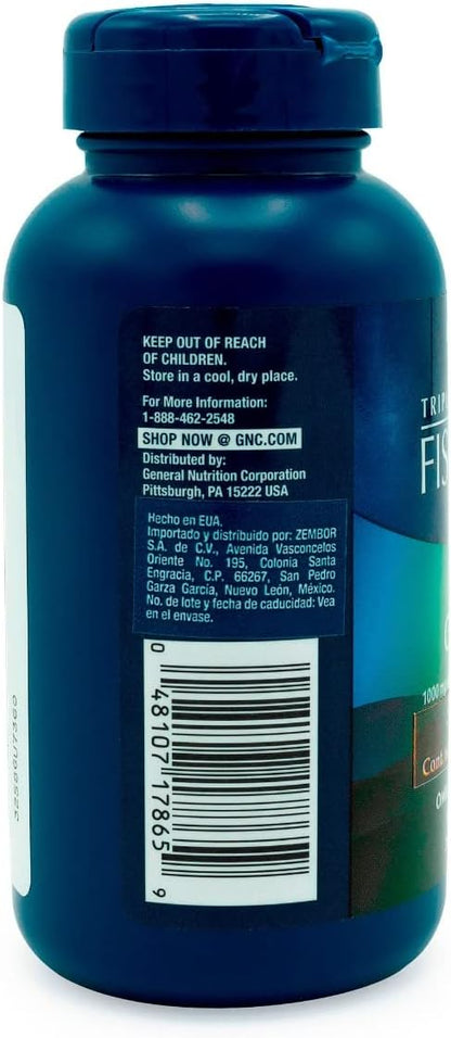 GNC Triple Strength Fish Oil Plus CoQ10 Omega 3 Supplement, 1000mg EPA and DHA, 100mg CoQ10, Heart and Circulatory Health, Plus Skin, Joint, Brain, and Eye, Coated to Control Fishy Burps, 30 Servings