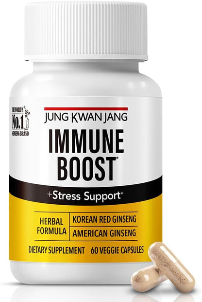 JungKwanJang Immune Boost, Adaptogen Supplement with American Ginseng and Korean Red Ginseng Duo for Immunity, Energy, Fights Fatigue, All-Natural, Stress Support for Men and Women