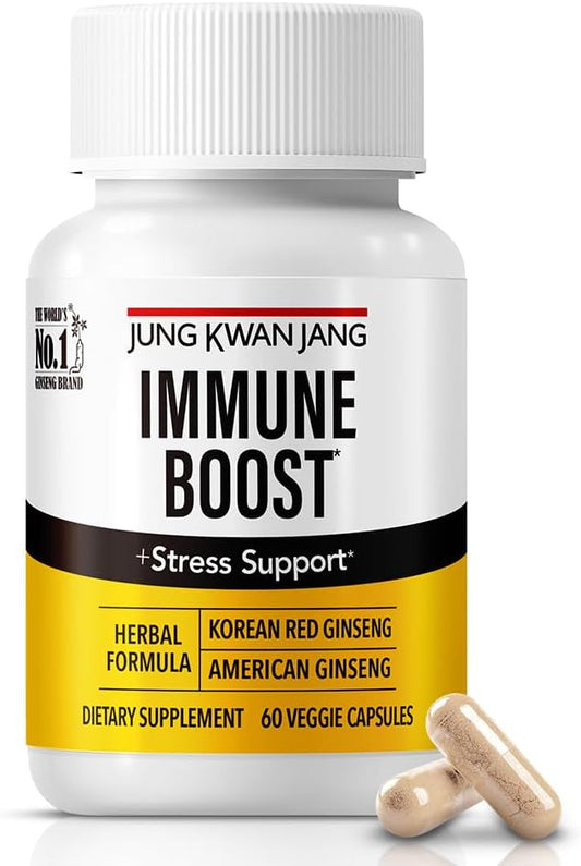 JungKwanJang Immune Boost, Adaptogen Supplement with American Ginseng and Korean Red Ginseng Duo for Immunity, Energy, Fights Fatigue, All-Natural, Stress Support for Men and Women