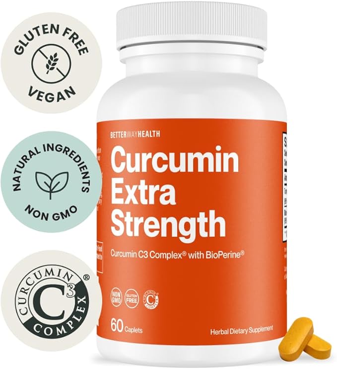 Better Way Health™ - Curcumin Extra Strength - Turmeric Curcumin C3® Complex + BioPerine® Black Pepper Extract - Promotes Joint & Immune Health - 1000mg/60 Caplets