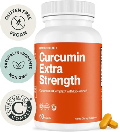 Better Way Health™ - Curcumin Extra Strength - Turmeric Curcumin C3® Complex + BioPerine® Black Pepper Extract - Promotes Joint & Immune Health - 1000mg/60 Caplets