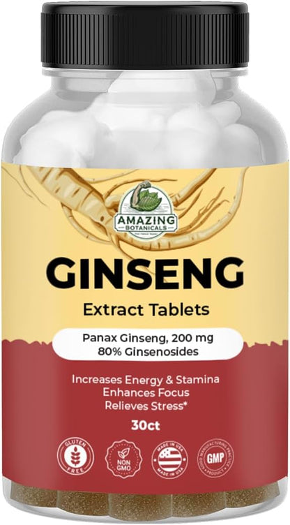 Panax Ginseng Extract Tablets - 200mg Highly Potent 80% Ginsenosides for Energy & Relaxation - Natural Herbal Supplement for Cognitive Booster - 30 Tablets