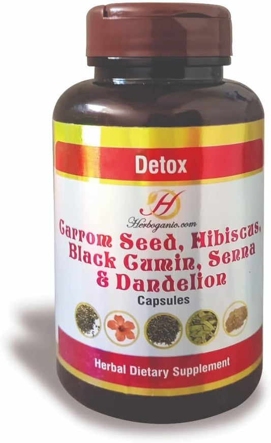 Detox Capsules with Carrom Seed, Hibiscus, Black Cumin, Senna, and Dandelion | 500mg |All Natural Detoxification | 60 Capsules……