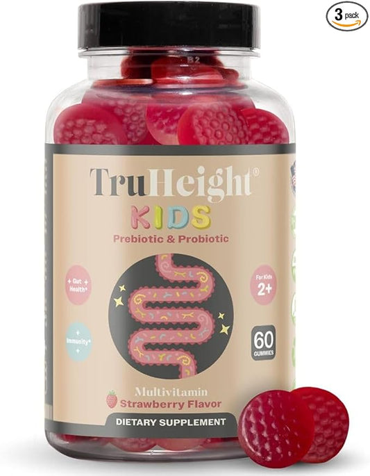 TruHeight Kids Prebiotic & Probiotic Gummies Ages 2+ (Strawberry Flavor) Toddlers & Kids All Natural Supplement for Digestive Health, Gut & Constipation Relief - Endorsed by Pediatricians Vitamins