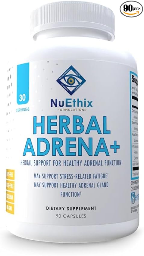 NuEthix Formulations Herbal Adrena+, Adrenal Support Supplements for Women & Men, Cortisol Support, Improve Energy Levels & Mood, Includes Cordyceps & Ashwagandha, Non-GMO, Gluten Free, 30 Servings