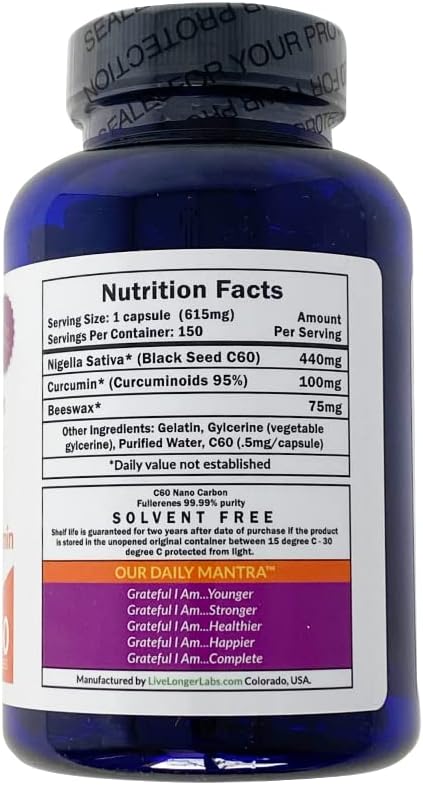 C60 Complete - Carbon 60 (Fullerene) with Black Seed Oil & Curcumin - Antioxidant Supplement - for Longevity & Cognitive Function - All Natural - 150 Gel Capsules