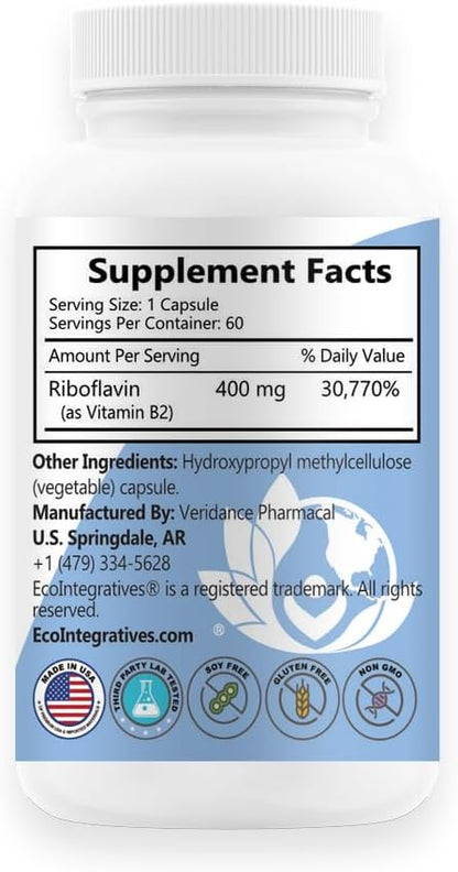 B2-400 Pure Riboflavin - Nervous System Health, Homocysteine Detox, Cardiovascular, Helps Boost Energy, Mental Clarity, Metabolism and Cell Function - 60 Vegan Capsules