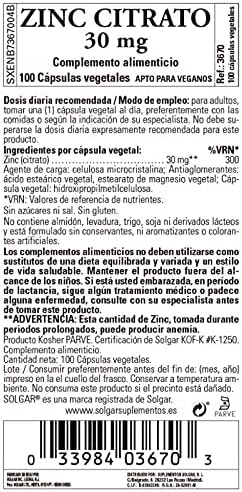 Solgar Zinc Citrate 30 Mg, 100 Vegetable Capsules - Zinc for Healthy Skin, Immune Support 100 Servings, 100 Count