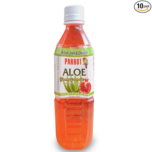 Parrot Aloe Vera Drink with pulp and Pomegranate flavor, Chewable Aloe added, Sweet and Refreshing Jucie Drink 16.9 fl.oz. (Pack of 10)