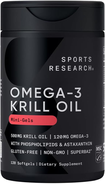 Sports Research® Omega-3 Krill Oil 500mg - Pure Antarctic Superba Krill with Phospholipids, Choline & Astaxanthin - MSC Certified Sustainable, Non-GMO & Gluten Free - 120 Mini-Gels