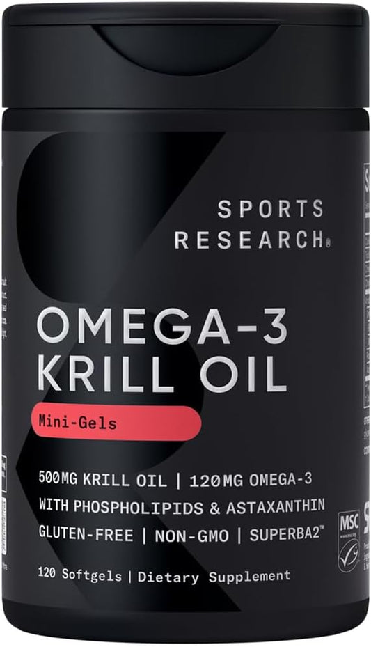 Sports Research® Omega-3 Krill Oil 500mg - Pure Antarctic Superba Krill with Phospholipids, Choline & Astaxanthin - MSC Certified Sustainable, Non-GMO & Gluten Free - 120 Mini-Gels