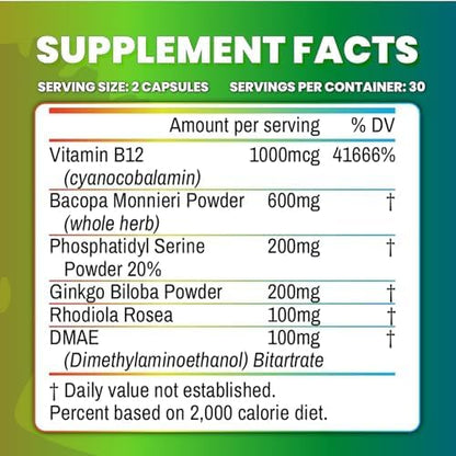 Memory Muscle - Nootropic Brain Support for Memory, Enhanced Focus & Mental Clarity - Featuring B12 for Energy