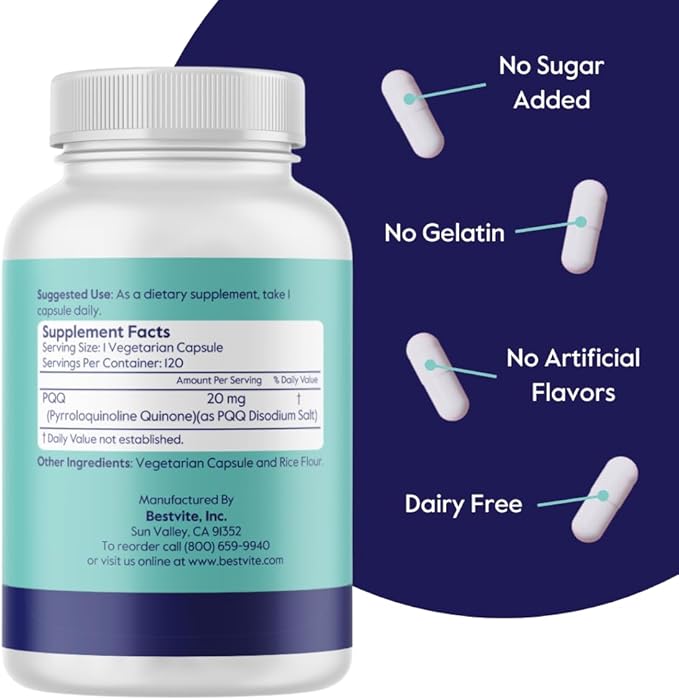 BESTVITE PQQ 20mg (Pyrroloquinoline Quinone) (240 Vegetarian Capsules) (120 x 2) - No Stearates - Vegan - Non GMO - Gluten Free