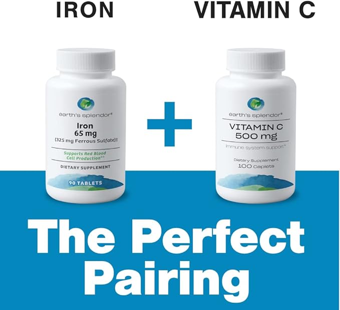 Earth's Splendor Iron 65mg USP, 325mg Ferrous Sulfate Tablets - Energy Production, Oxygen Transportation, Overall Health - 3 Month Supply