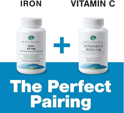 Earth's Splendor Iron 65mg USP, 325mg Ferrous Sulfate Tablets - Energy Production, Oxygen Transportation, Overall Health - 3 Month Supply