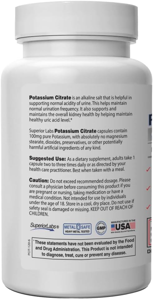 Superior Labs - Potassium Citrate NonGMO Supplement - 100 mg Dosage, 120 Vegetable Capsules - Maintains Overall Health - Supports Kidney Function - Electrolyte Mineral Balance