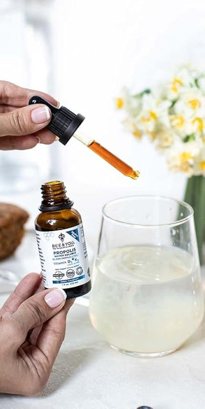 BEE and You Liquid Propolis Extract, Water Soluble, Vitamins D3+K2, High Potency, Immune Support Supplement, Sore Throat Relief, Antioxidants, Keto, Paleo, Gluten-Free, 1 Fl Oz (1 Pack)