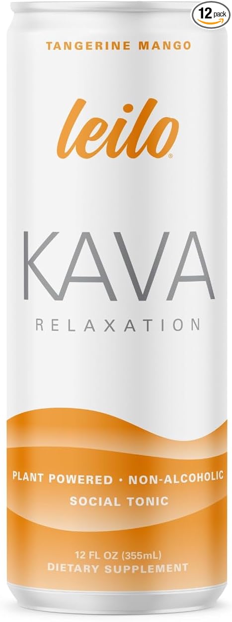 LEILO | Kava Powered Sparkling Relaxation Drink | Tangerine Mango 12-Pack – Non-ALC Calming Beverage | 12 fl oz Cans (Pack of 12) | Packaging May Vary