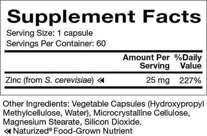 Natura Health Products 25 mg Zinc Supplement - Supports Cellular Health and a Healthy Immune Response - Highly Bioavailable Food-Grown Zinc (60 Capsules)