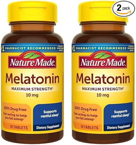 Nature Made Melatonin 10mg Maximum Strength Tablets, 100% Drug Free Sleep Aid for Adults, 70 Count, 70 Day Supply (Pack of 2)