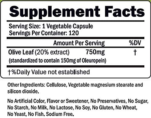 Olive Leaf Extract - 750 Mg - 120 Capsules - Extra Strength - 20% Oleuropein - Non-GMO Formula - Premium Quality From Pure Olive Leaves - Powerful Antioxidant - Great for Heart, Skin and Brain