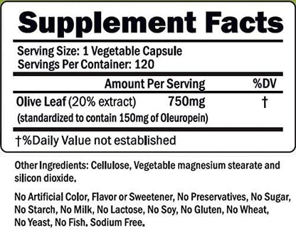 Olive Leaf Extract - 750 Mg - 120 Capsules - Extra Strength - 20% Oleuropein - Non-GMO Formula - Premium Quality From Pure Olive Leaves - Powerful Antioxidant - Great for Heart, Skin and Brain