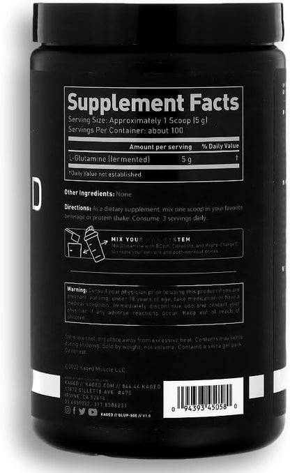 Kaged Muscle, L-Glutamine Powder 500 Gram, Vegan, Support Muscle Recovery, Post Workout, Glutamine, Banned-Substance Free, Unflavored, 100 Servings