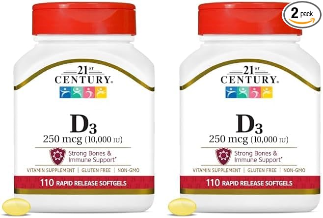 21st Century Vitamin D3 250 mcg (10,000 IU) Rapid Release Softgels, 110 Count (Pack of 2)