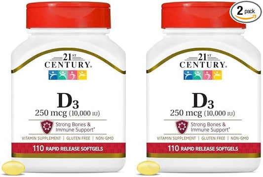 21st Century Vitamin D3 250 mcg (10,000 IU) Rapid Release Softgels, 110 Count (Pack of 2)