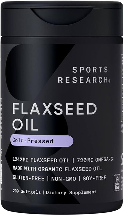 Sports Research Flaxseed Oil Softgels 1242mg - Plant Based Omega 3 Supplement for Women & Men - Non-GMO Verified, Soy & Gluten Free (200 Count)