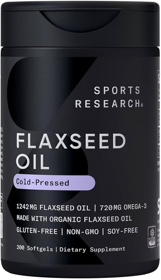 Sports Research Flaxseed Oil Softgels 1242mg - Plant Based Omega 3 Supplement for Women & Men - Non-GMO Verified, Soy & Gluten Free (200 Count)