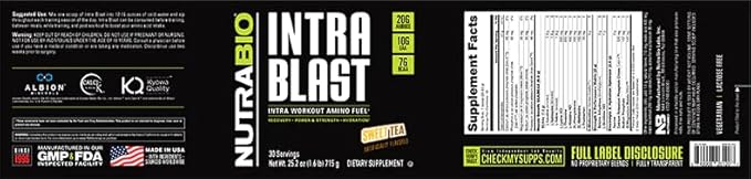 NutraBio Intra Blast Bcaa Powder Amino Acid Supplement, Electrolyte & Hydration Blend, Intra, Pre Workout & Muscle Recovery, 20g Eaa Amino Acids Powder, 5g Glutamine- Sweet Tea, 30 Serving